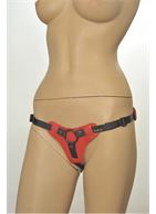 Красно-чёрные трусики для фиксации насадок кольцом Kanikule Leather Strap-on Harness Anatomic Thong