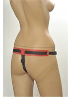 Красно-чёрные трусики для фиксации насадок кольцом Kanikule Leather Strap-on Harness Anatomic Thong