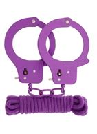 Фиолетовые наручники из листового металла в комплекте с веревкой BONDX - METAL CUFFS & LOVE ROPE SET