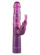 Фиолетовый вибратор Bunny On A Budget с клиторальным зайчиком и вращением ствола - 25 см.