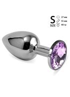 Серебристая анальная пробка с сиреневым кристаллом размера S (6,8 см)