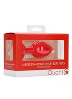 Красная анальная пробка с прозрачным стразом Large Ribbed Diamond Heart Plug (8 см)