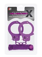 Фиолетовые наручники из листового металла в комплекте с веревкой BONDX - METAL CUFFS & LOVE ROPE SET