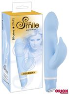 Голубой вибратор Smile Dolphin с клиторальным отростком - 16 см.