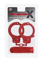 Красные наручники из листового металла BONDX METAL CUFFS LOVE ROPE SET в комплекте с веревкой