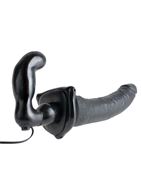 Черный страпон с вагинальной пробкой Deluxe Vibrating Penetrix Strap-On (19 см)