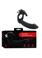 Черная насадка на член с вибрацией Double Penetration Real с клиторальным зайчиком