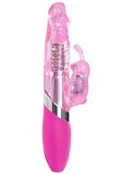 Розовый вибратор с вращением бусин и клиторальным зайчиком Power Play O-Bunny - 21,5 см.