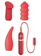 Маленькая вибропуля с 3 красными насадками NEON SECRET DESIRES 10FUNC. VIBRATOR KIT