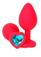 Красная силиконовая анальная пробка с голубым стразом-сердцем (8 см)