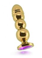 Золотистая фигурная анальная пробка R10 RICH Gold/Purple с фиолетовым кристаллом - 14,5 см.