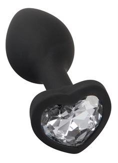 Черная силиконовая анальная пробка с прозрачным стразом-сердечком (7,3 см)