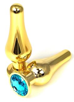 Золотистая удлиненная анальная пробка с голубым кристаллом (8 см)