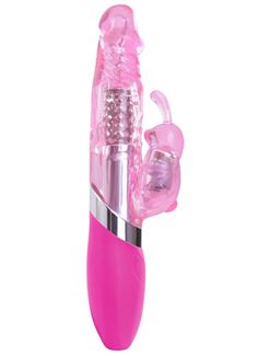 Розовый вибратор с вращением бусин и клиторальным зайчиком Power Play O-Bunny - 21,5 см.