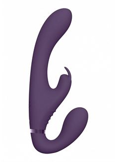 Фиолетовый безремневой вибрострапон Suki со стимулятором клитора (22 см)