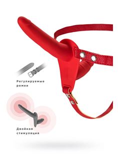 Красный страпон на ремнях с вагинальной пробкой (15 см)