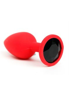 Красная силиконовая анальная пробка с черным стразом (6,8 см)
