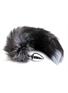 Серебристая анальная пробка Black & White Fox Tail Size M с темным лисьим хвостом