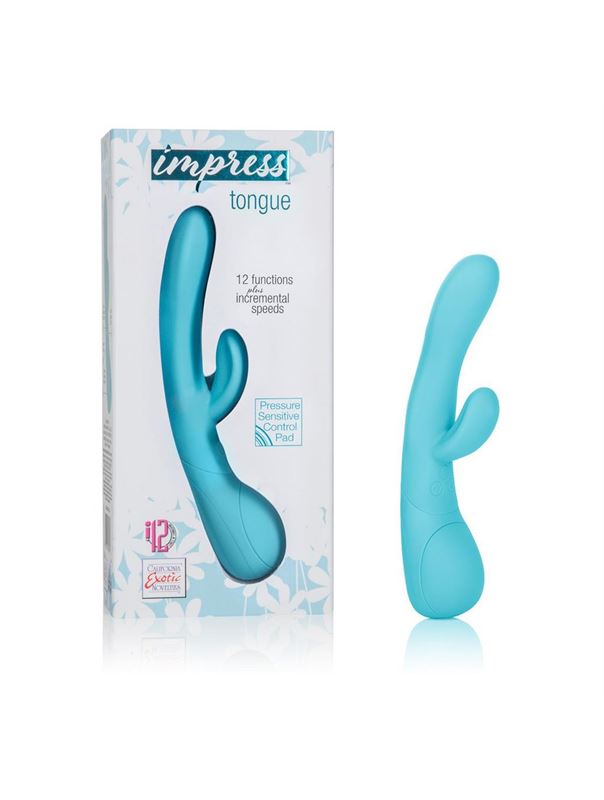 Голубой вибромассажер Impress Tongue со стимуляцией клитора - 18 см.