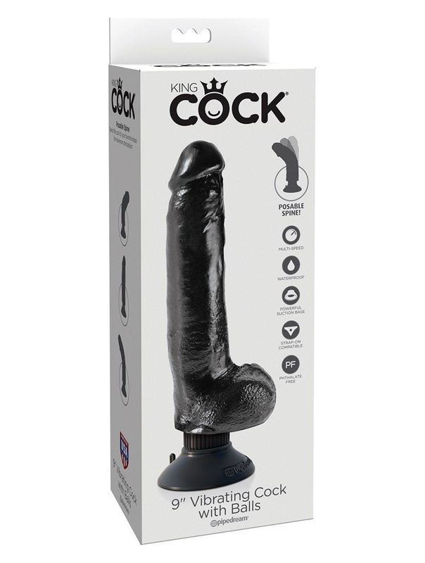 Чёрный виброфаллос со съемной присоской 9 Vibrating Cock with Balls - 24,8 см.