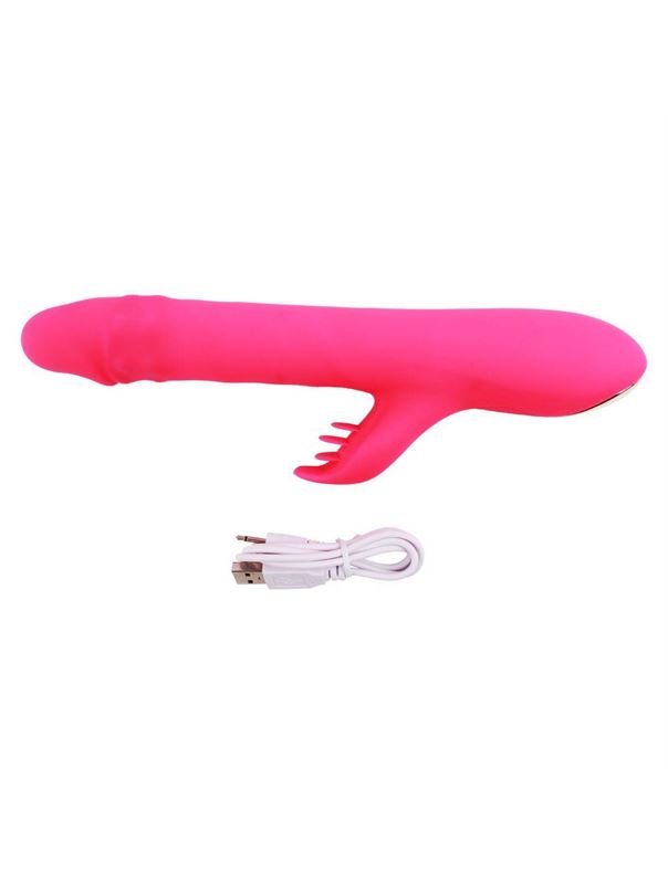 Розовый вибратор Thrusting Rabbit с клиторальным стимулятором (25,3 см)