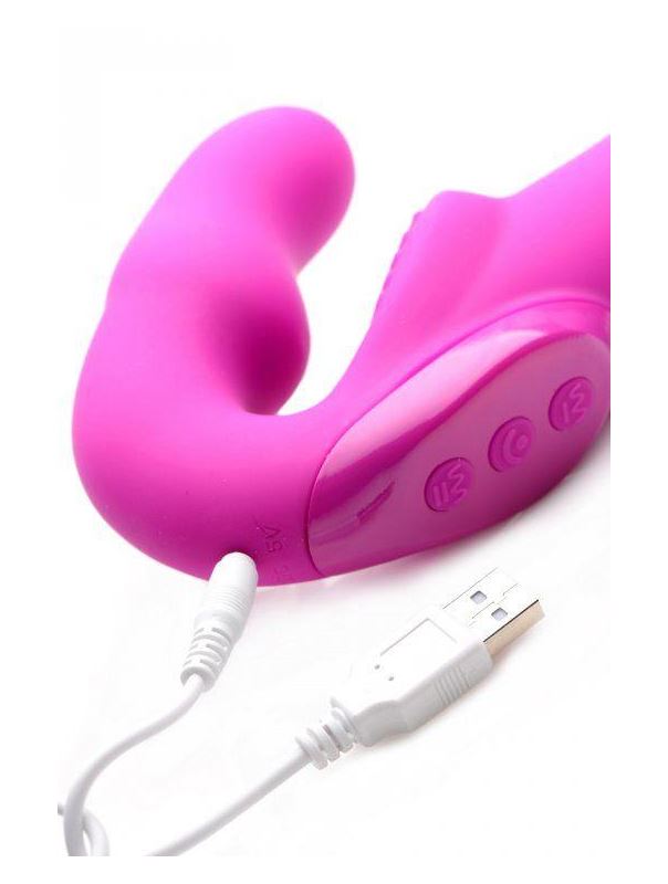 Розовый безремневой страпон с вибрацией Evoke Rechargeable Vibrating Strap On (24,7 см)