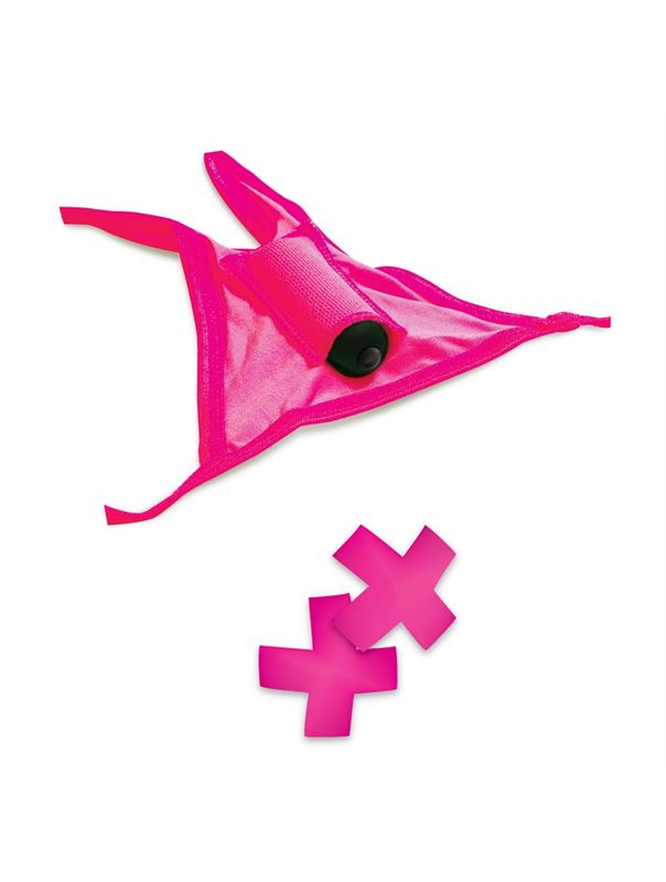 Ярко-розовые вибротрусики с вырезом и пэстисы Neon Vibrating Crotchless Panty and Pasties Set