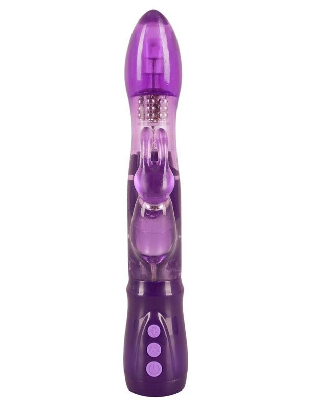 Фиолетовый вибратор с ротацией и клиторальной стимуляцией Purple Surprise - 24,5 см.