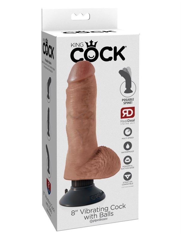 Кофейный вибратор 8" Vibrating Cock with Balls со съёмной присоской (20,3 см)