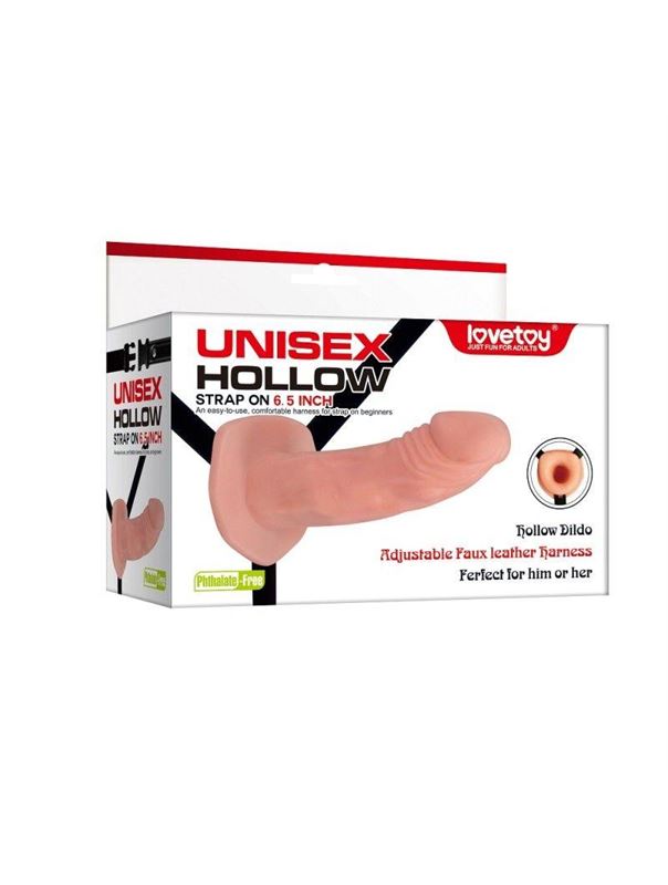 Телесный универсальный полый страпон Unisex Hollow Strap On - 17 см.