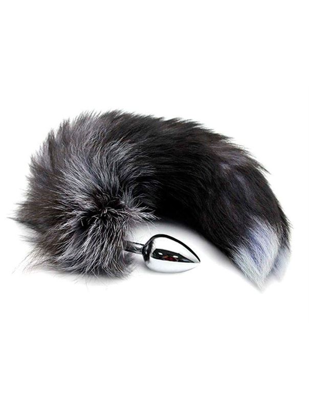 Серебристая анальная пробка Black & White Fox Tail Size M с темным лисьим хвостом