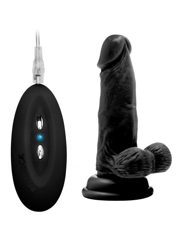 Чёрный вибратор-реалистик Vibrating Realistic Cock 6 With Scrotum - 15 см.