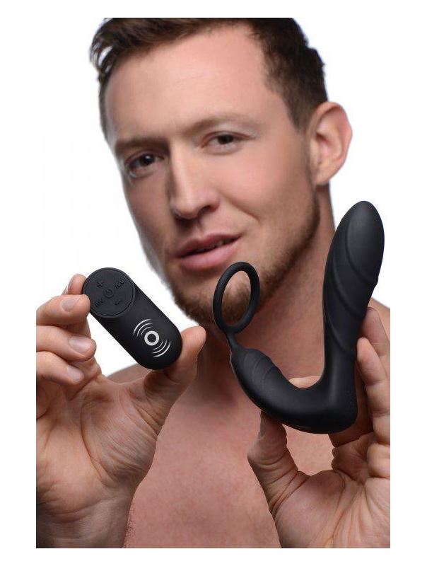 Черный вибростимулятор простаты Silicone Prostate Vibrator and Strap with Remote Control - 14,35 см.