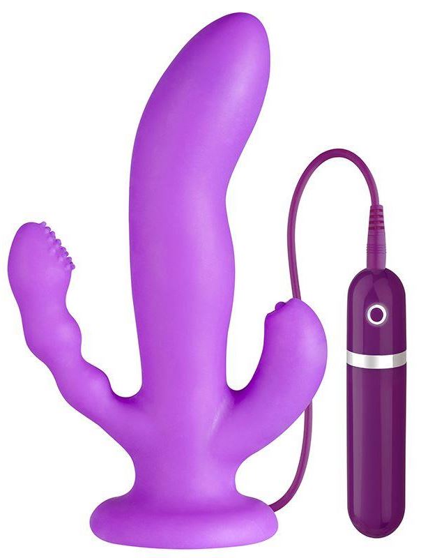 Фиолетовый вибратор с двумя дополнительными отростками PURRFECT SILICONE 3WAYS VIBRATOR 6.5INCH (17 см)