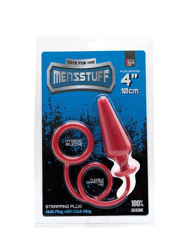 Красное эрекционное кольцо с анальной пробкой MENZSTUFF 4INCH SINGLE RING ANAL PLUG