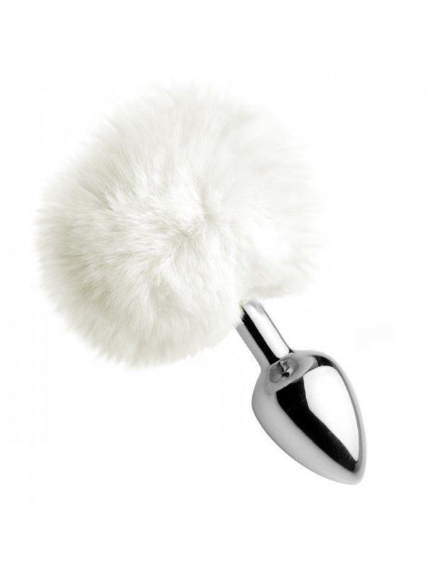 Металлическая анальная пробка с белым заячьим хвостиком White Fluffy Bunny Tail Anal Plug