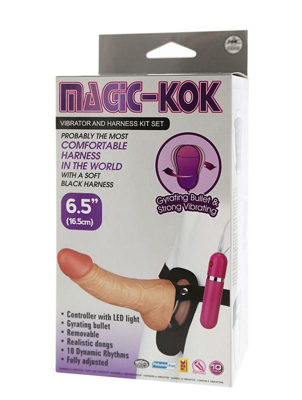 Телесный вибромассажер-фаллос с креплением на поясе MAGIC-KOK VIBRATOR AND HARNESS KIT