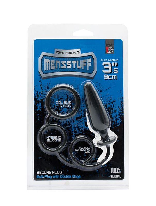 Чёрное эрекционное кольцо с подхватом и анальным стимулятором MENZSTUFF - 3.5INCH DOUBLE RING ANAL PLUG