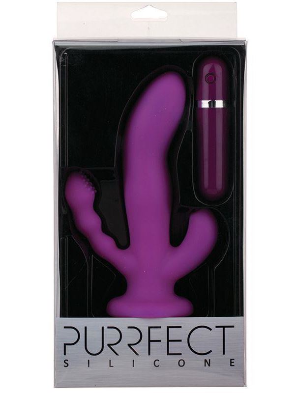 Фиолетовый вибратор с двумя дополнительными отростками PURRFECT SILICONE 3WAYS VIBRATOR 6.5INCH (17 см)