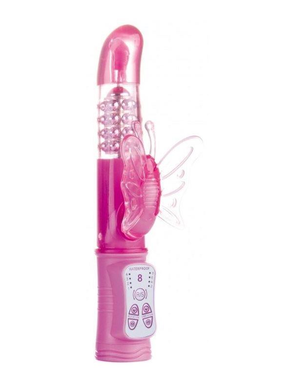 Розовый перезаряжаемый вибратор Rechargeable Butterfly с клиторальной бабочкой - 22,8 см.