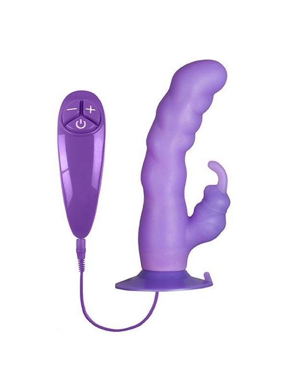 Фиолетовый вибратор с клиторальным отростком и присоской PURRFECT SILICONE SUCTION CUP DUO VIBE (18 см)