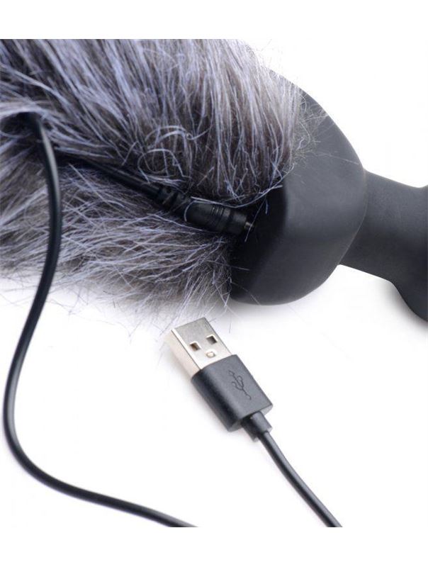 Черная анальная вибропробка с серым лисьим хвостом Grey Fox Tail Vibrating Anal Plug