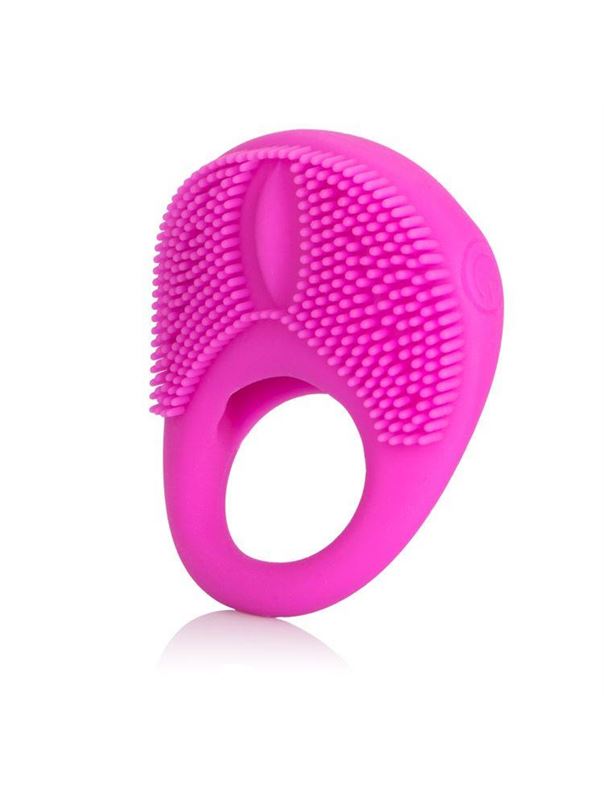 Розовое эрекционное кольцо с щеточкой и вибрацией Silicone Intimacy Enhancer