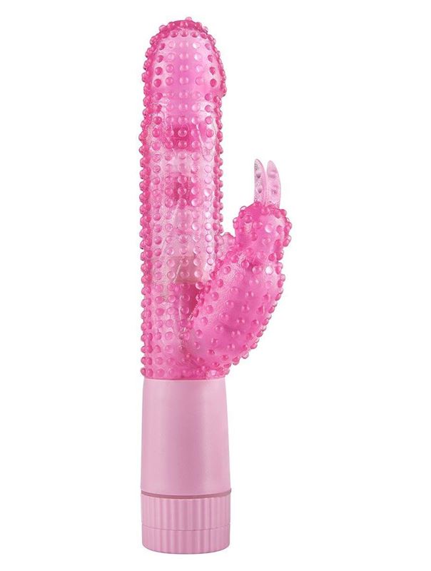 Розовый вибратор BUNNY OA BUDGET VIBE W DOTS с клиторальным стимулятором - 25 см.