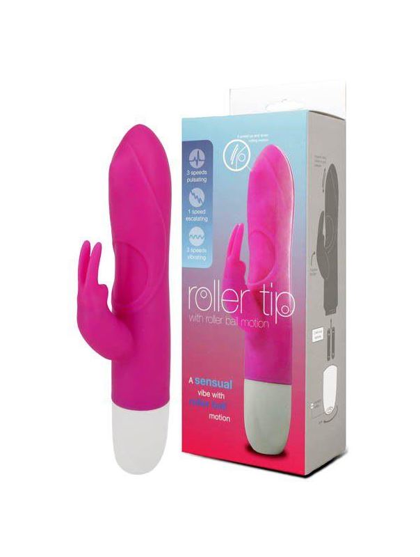 Розовый вибромассажер с клиторальным стимулятором ROLLER TIP WITH ROLLER BALL MOVEMENT (14 см)