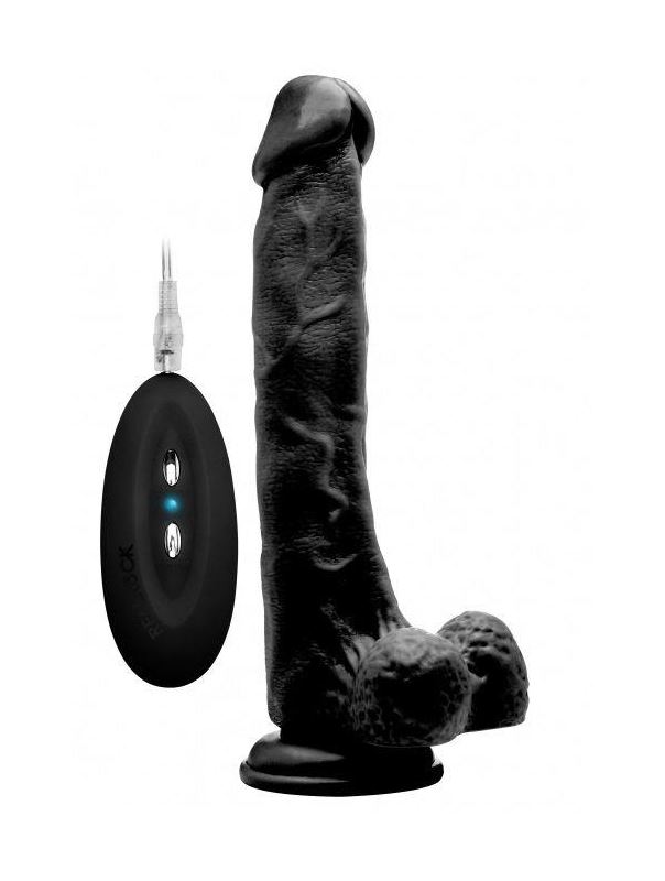 Чёрный вибратор-реалистик Vibrating Realistic Cock 10 With Scrotum - 27 см.