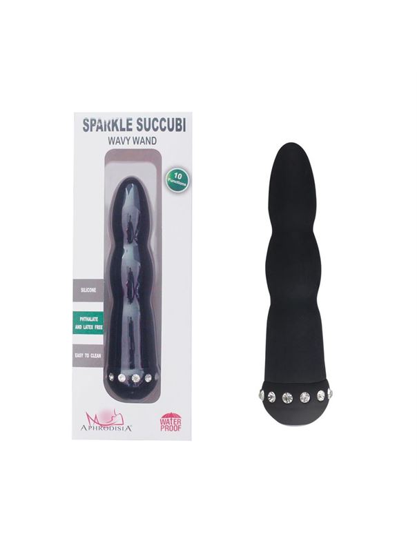 Черный вибратор WAVY WAND со стразами (14 см)