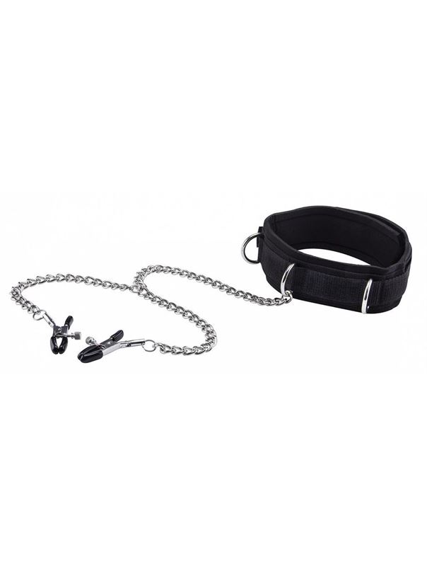 Чёрный ошейник с зажимами для сосков Velcro Collar
