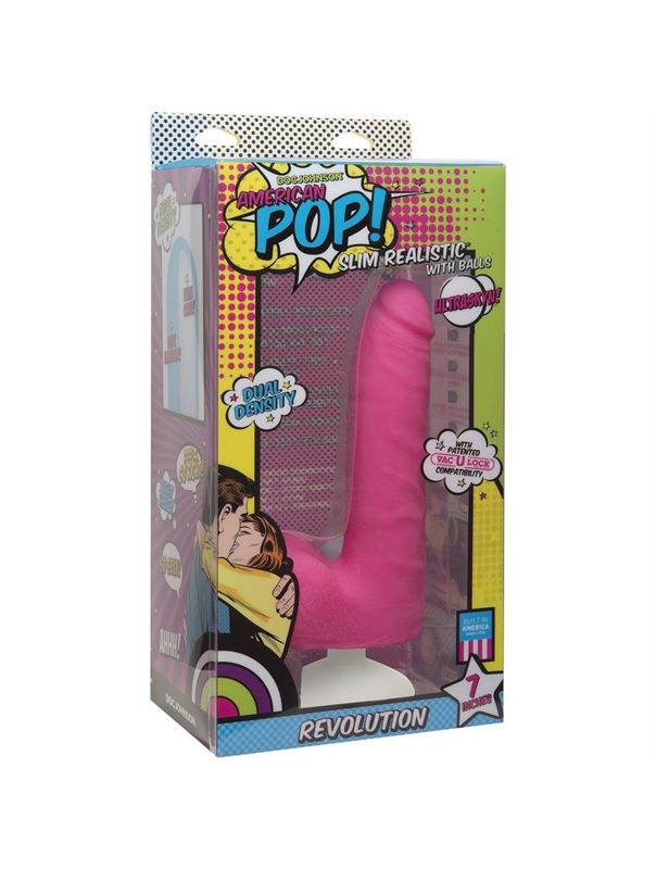 Розовый фаллоимитатор на присоске Revolution 7 Slim Realistic W/Balls - 17,78 см.
