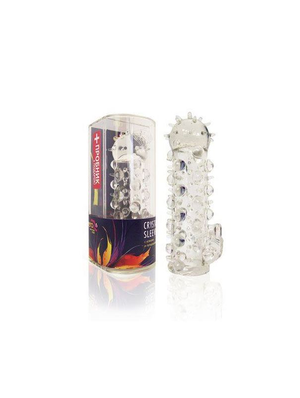 Закрытая прозрачная насадка Crystal sleeve с усиками и пупырышками - 13,5 см.